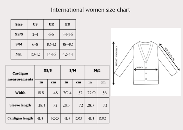 Size chart of a merino wool sweater