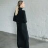 Turtleneck Knitted Merino Wool Sweater Dress in Black
