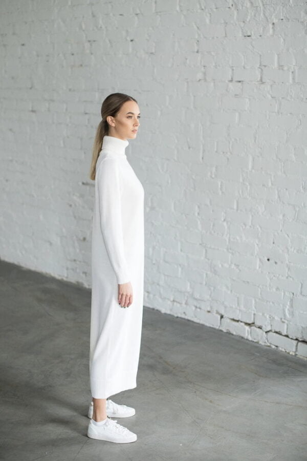 Relaxed fit merino wool dress with a roll neck and a calf-length hem