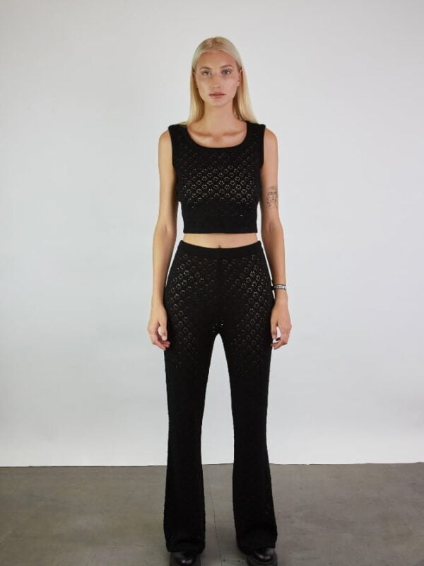 Black merino wool set of a knitted crop top and wide pants