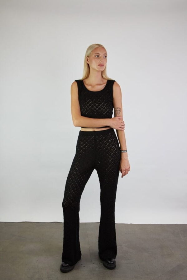 Black merino wool set of a knitted crop top and wide pants