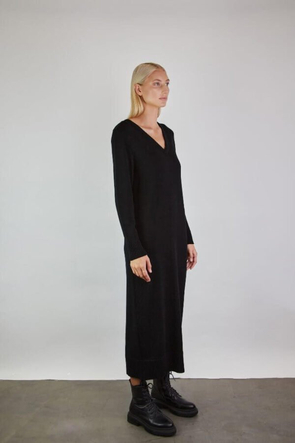 Black merino wool dress with a V-neck