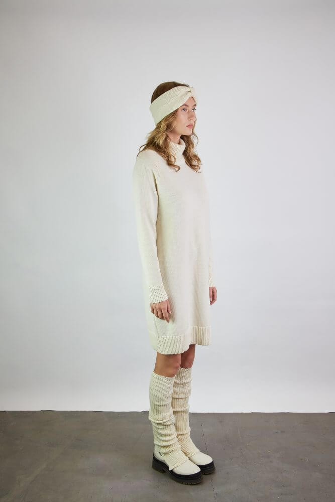 A set of three pieces. A headband, a raglan sleeve dress and leg warmers in merino wool