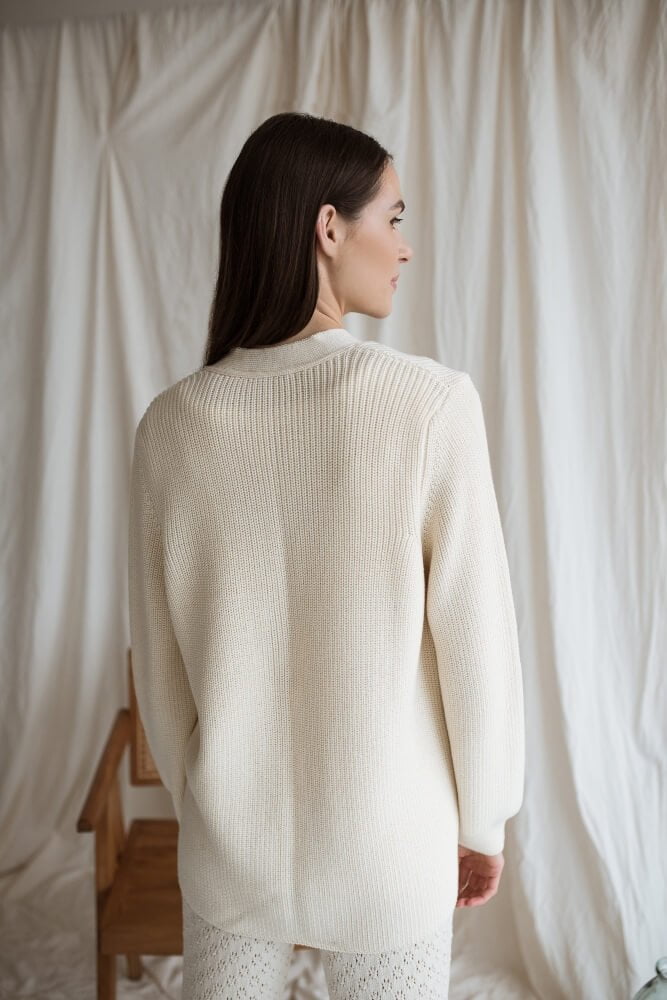 Natural white merino wool cardigan with wide sleeves