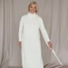 Natural white merino wool dress with a turtleneck and neck accessory