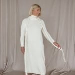 Off white merino wool turtleneck dress with a long scarf-like neck accessory