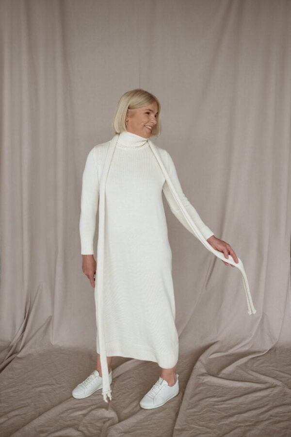 Off white merino wool turtleneck dress with a long scarf-like neck accessory
