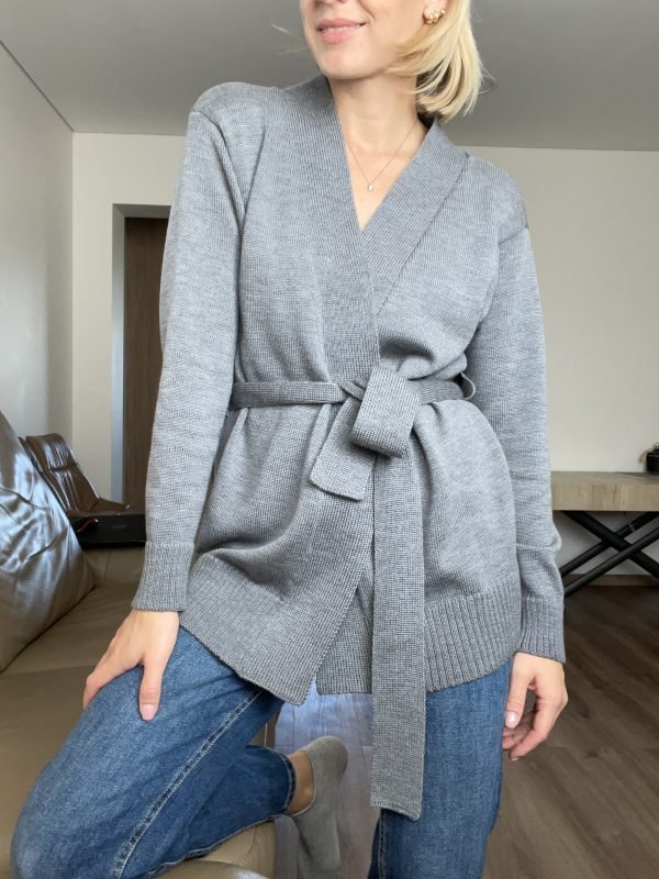 Cinched Merino Wool Cardigan - Grey Marl