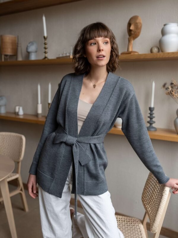 Merino Wool Cardigan with a Belt in Grey