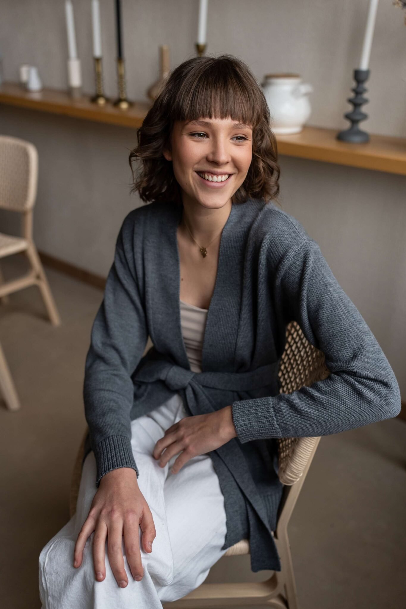 Grey merino wool cardigan with a belt - Monala Shop