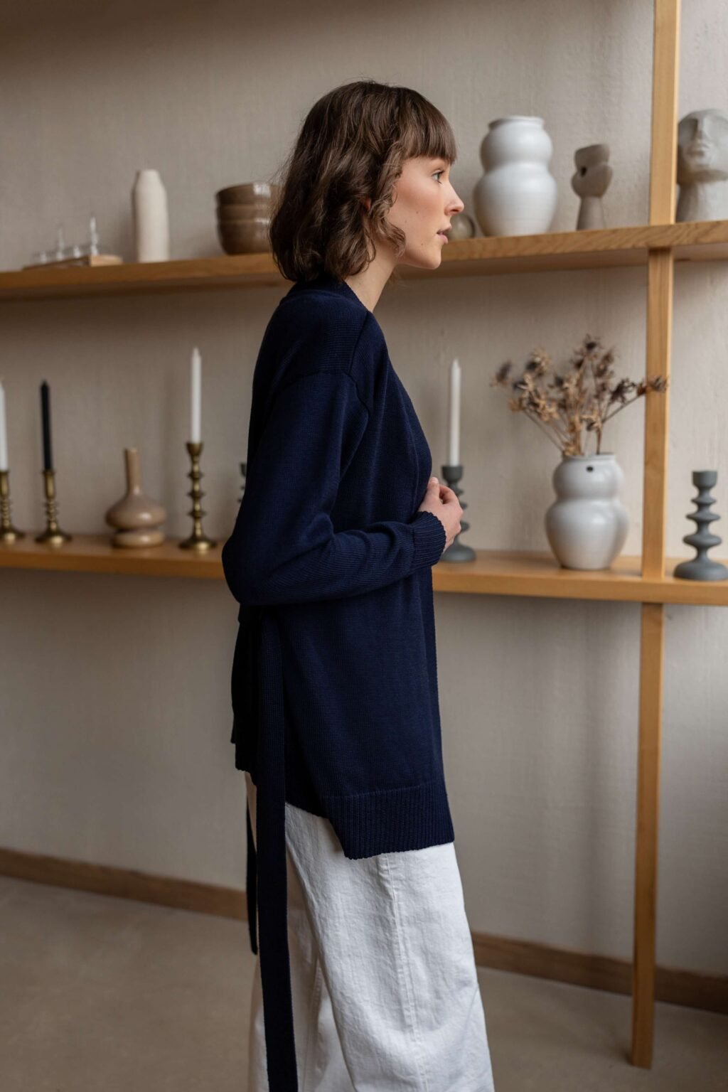Grey merino wool cardigan with a belt - Monala Shop