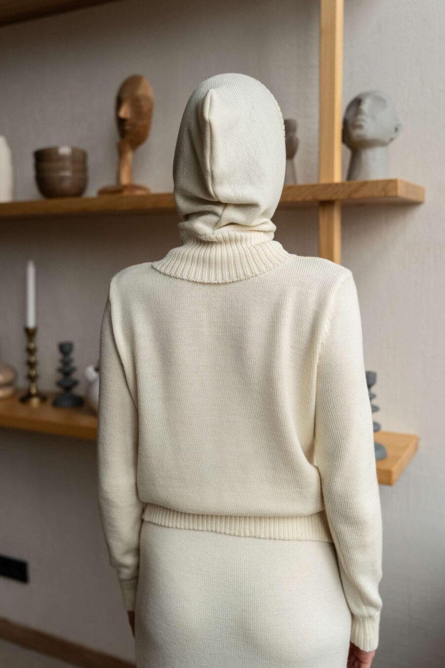 Natural white merino wool hood from the back.