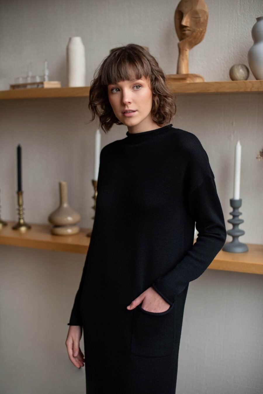 Knit merino wool black sweater dress