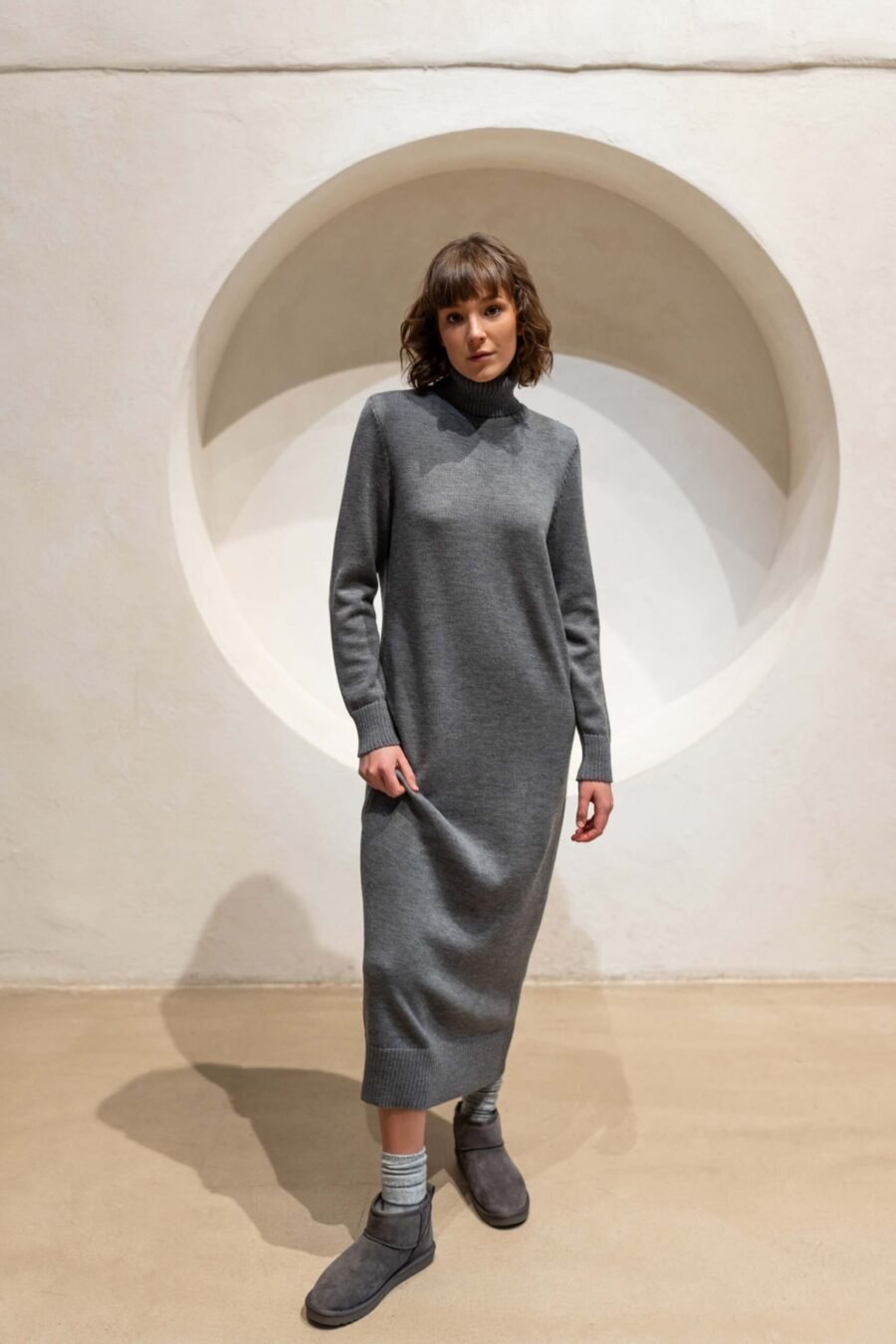 Grey turtleneck sweater dress.