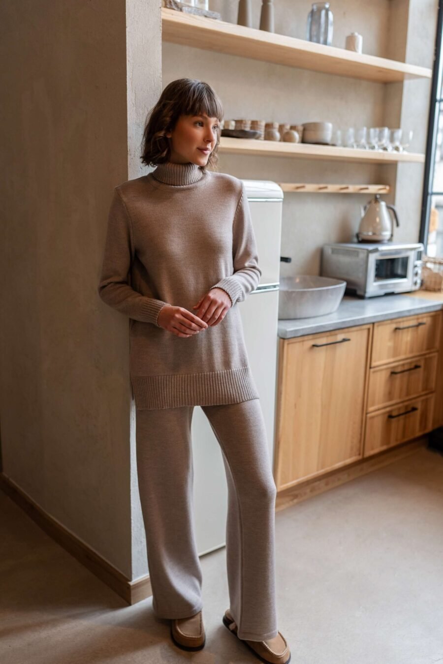 Knit merino wool wide-leg pants and sweater set