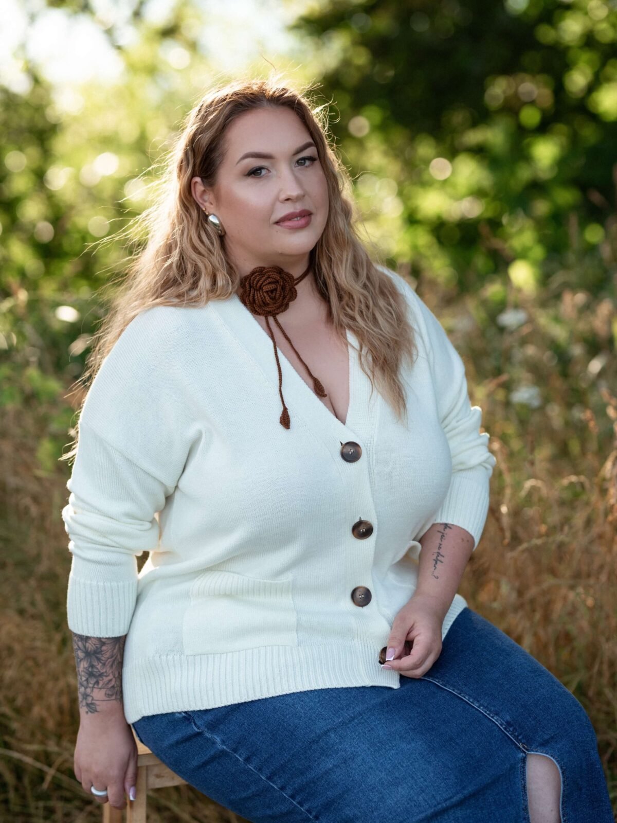 Natural white knitted merino wool cardigan for women