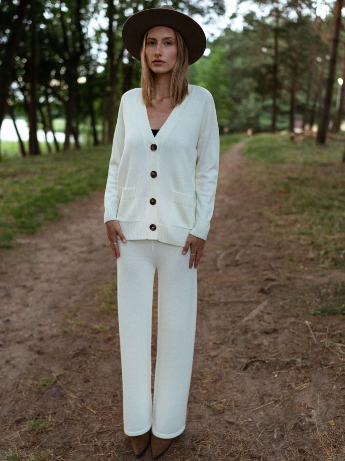 Natural white merino wool pants and cardigan set