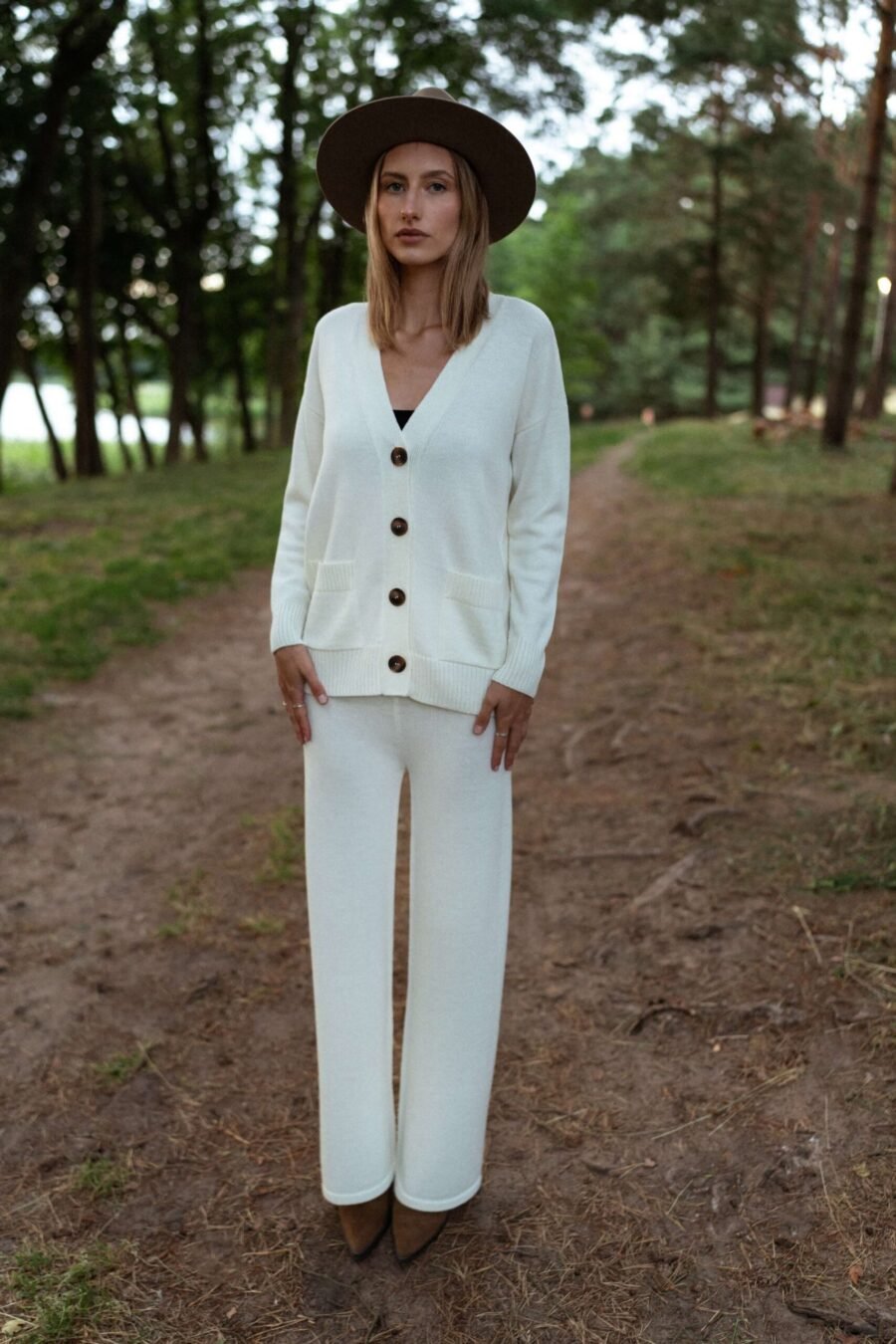 Natural white merino wool pants and cardigan set