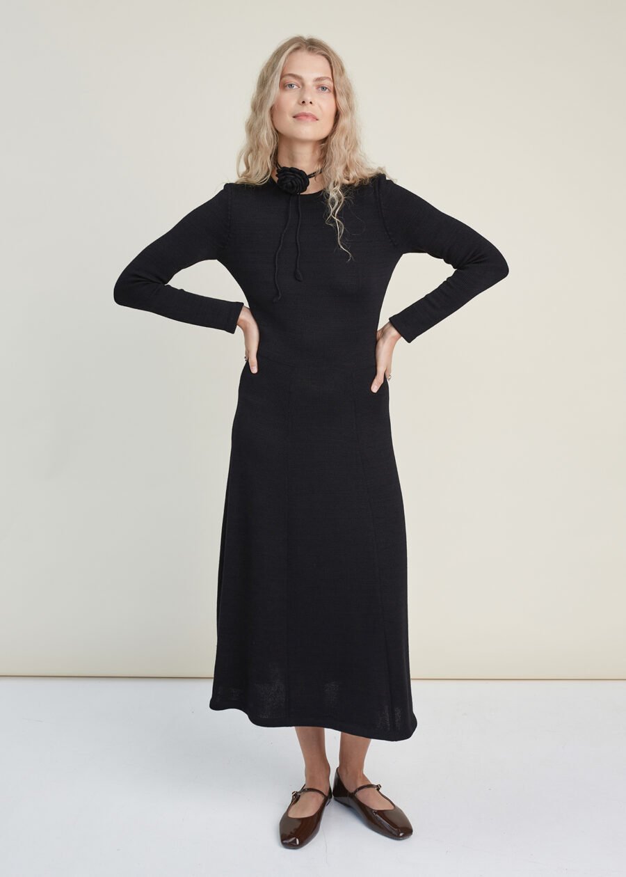 Knitted Merino Wool A-line Midi Dress in Black