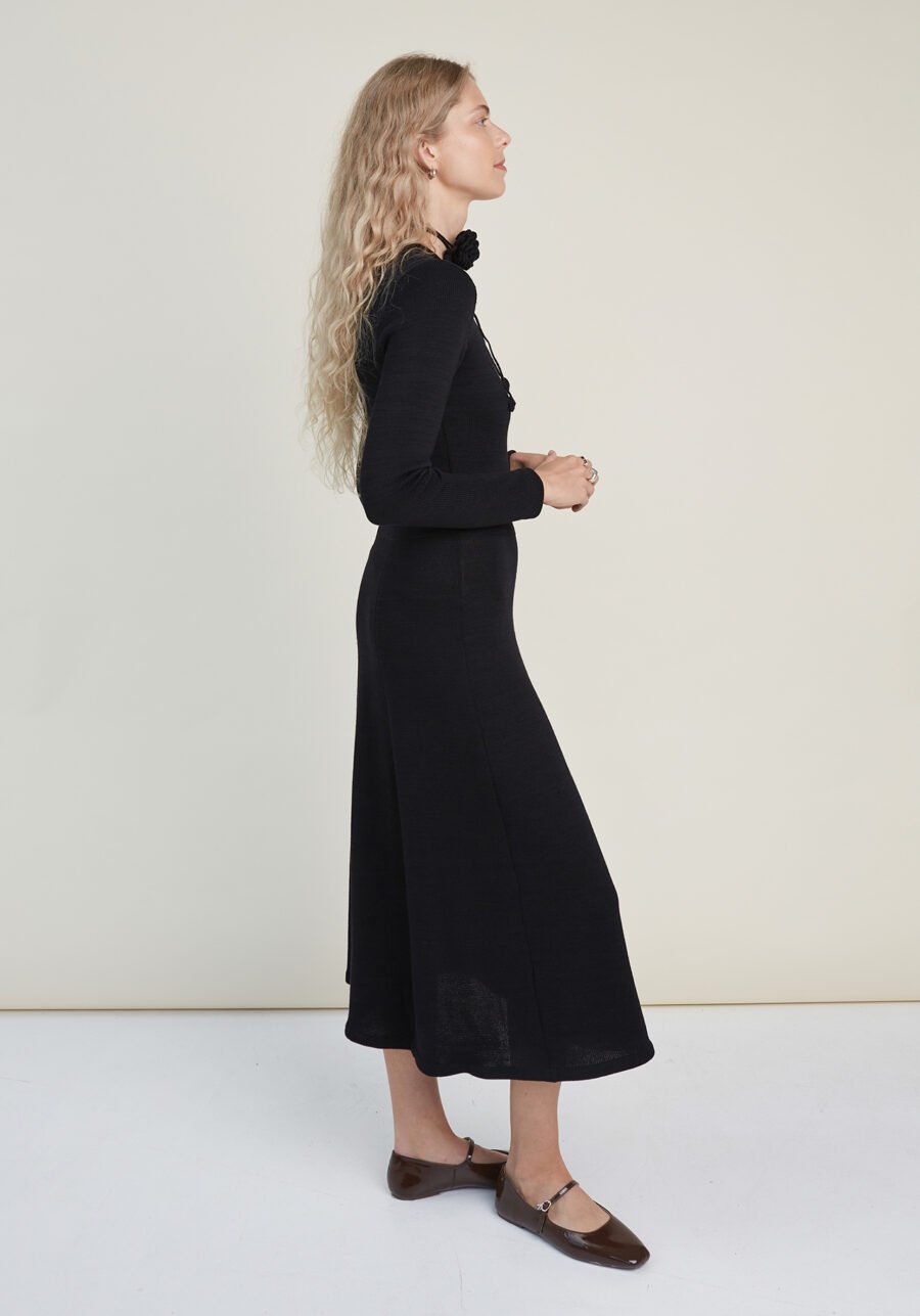Knitted Merino Wool A-line Midi Dress in Black