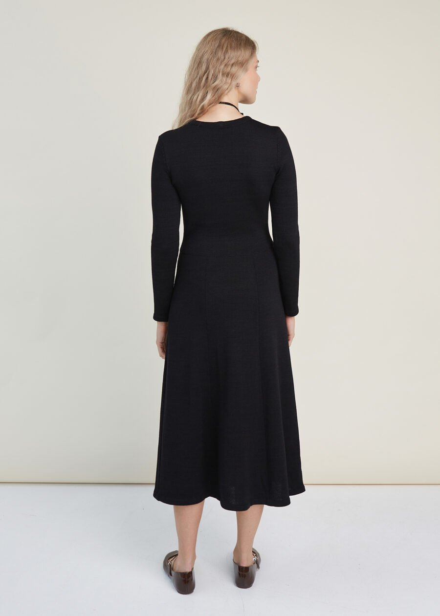 Knitted Merino Wool A-line Midi Dress in Black