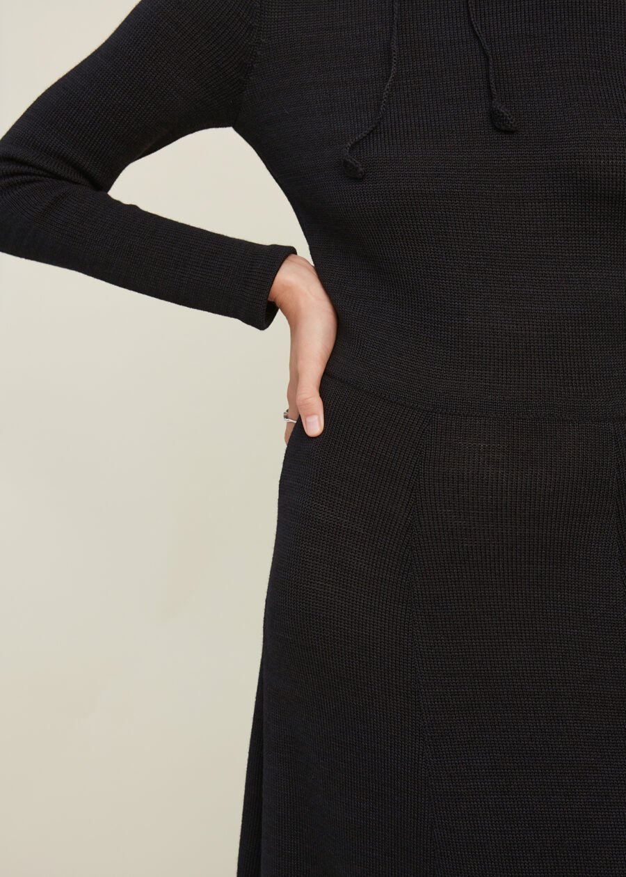 Knitted Merino Wool A-line Midi Dress in Black