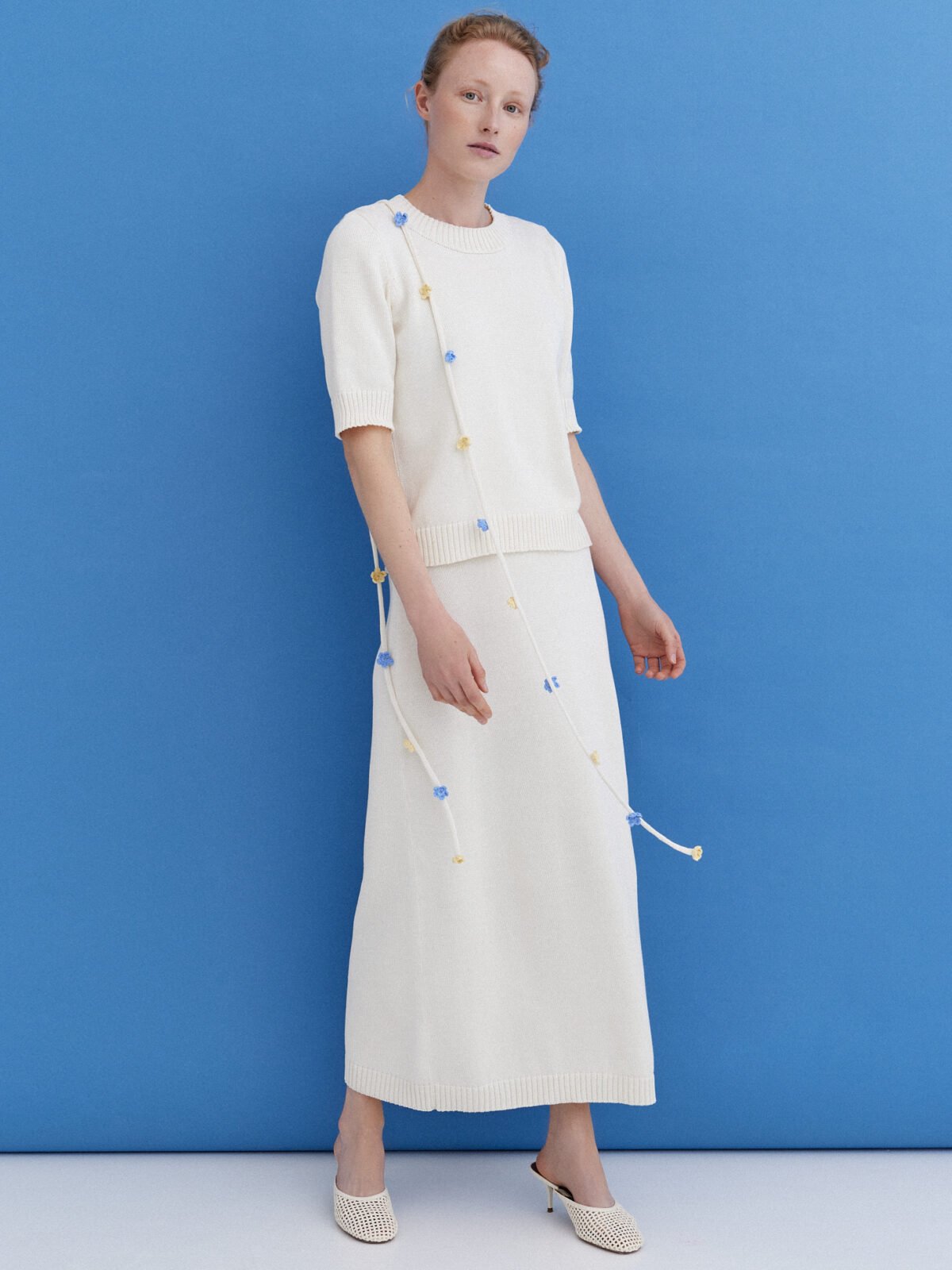 Knitted Cotton Top and Skirt Set in Lily