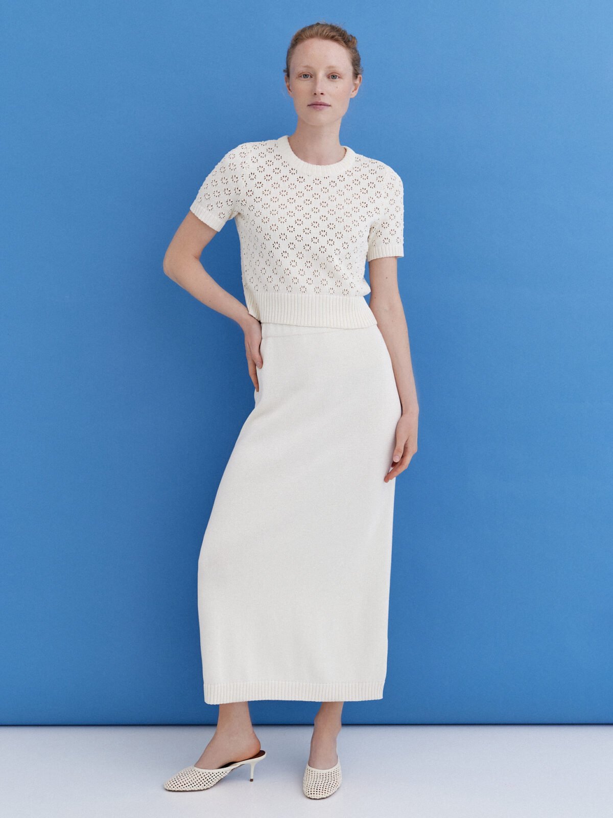Knitted Cotton Lace Top and Skirt Set in Lily