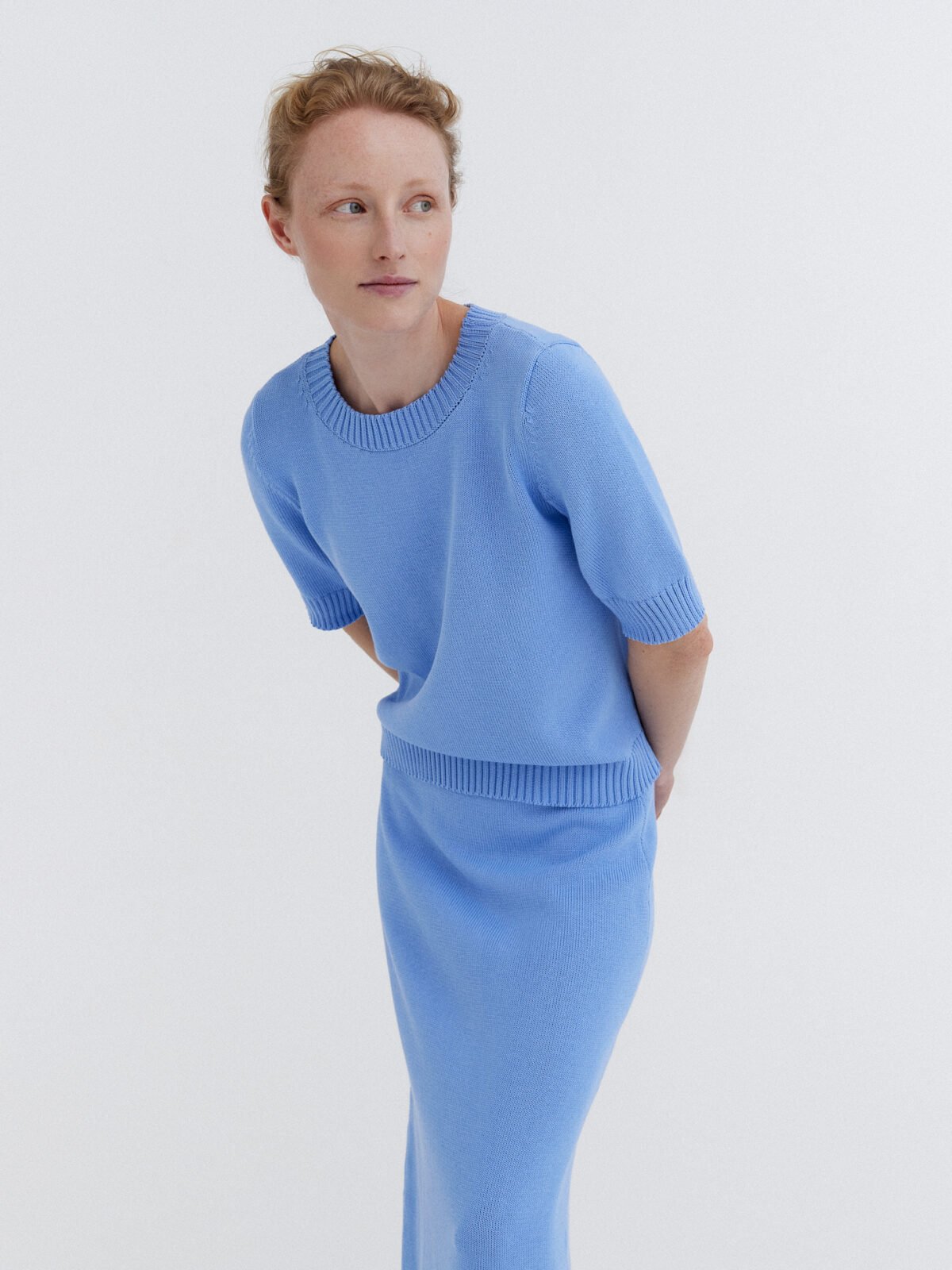 Knitted Cotton Short Sleeve Top in Sky