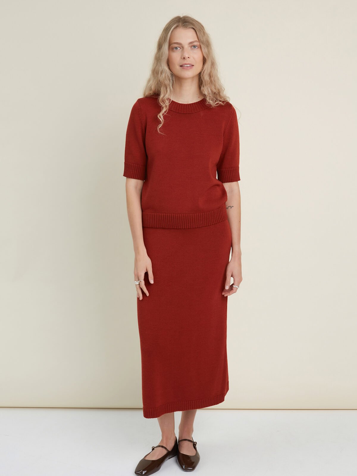 Merino Wool Two Piece Set with Top and Skirt in Rust
