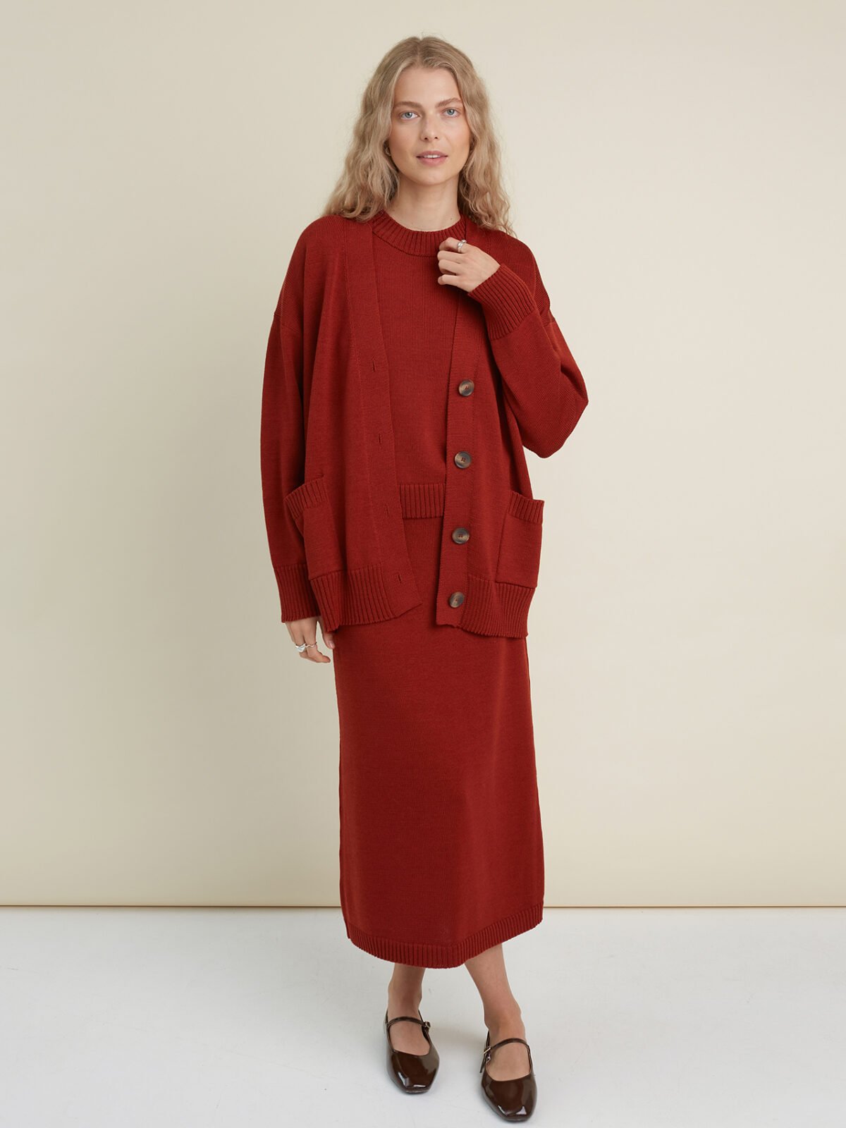 Merino Wool Three-Piece Set in Rust