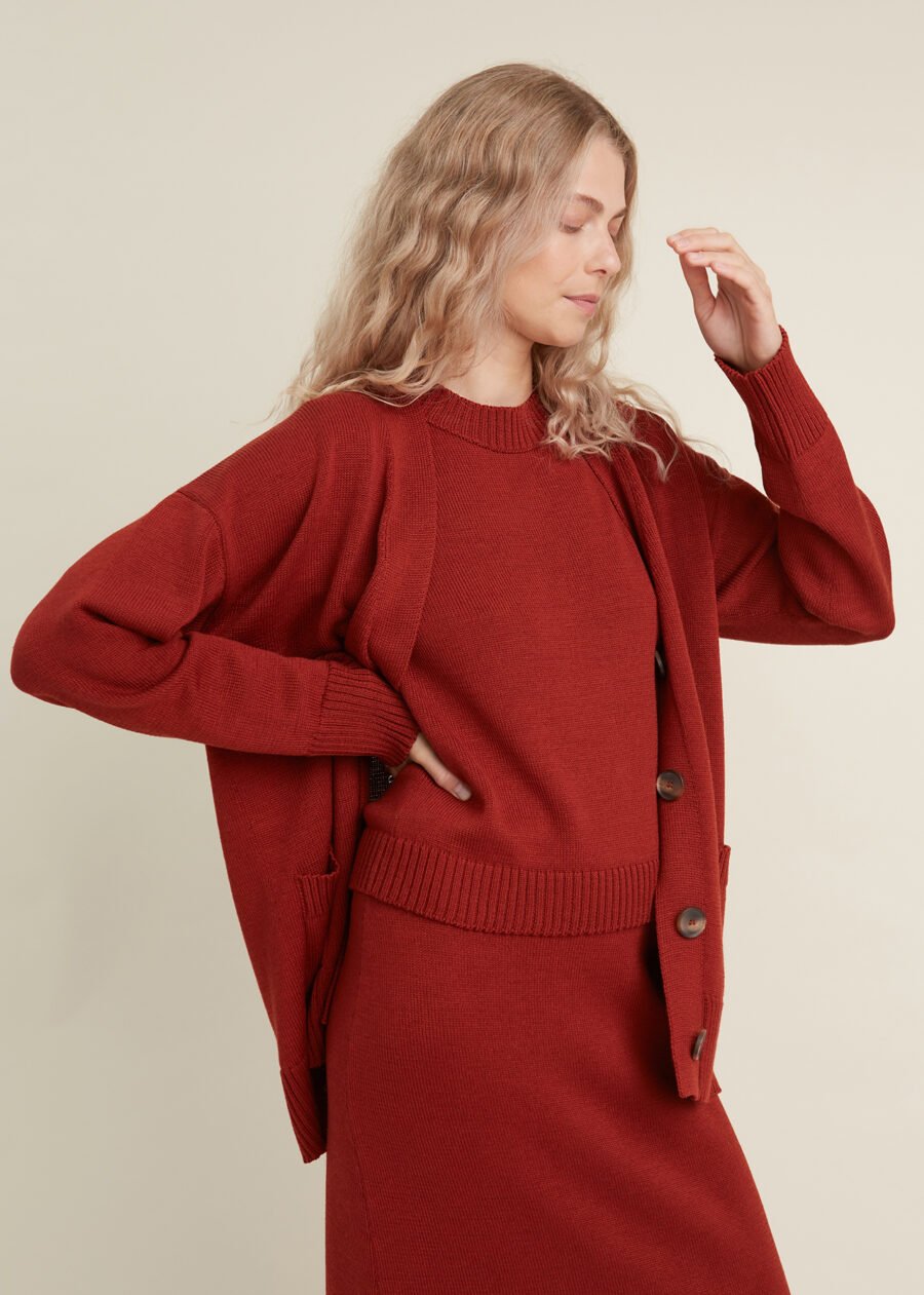 08.26622053 Button-Up Merino Wool Cardigan in Rust