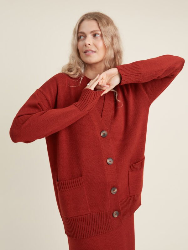 Button-Up Merino Wool Cardigan in Rust