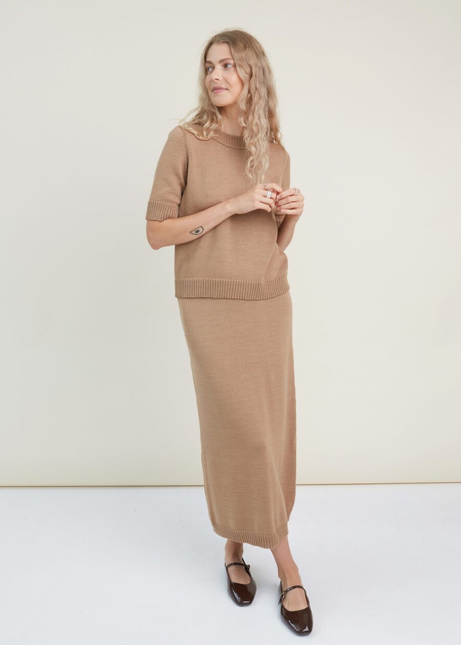 Timeless knitted merino wool celebration outfit