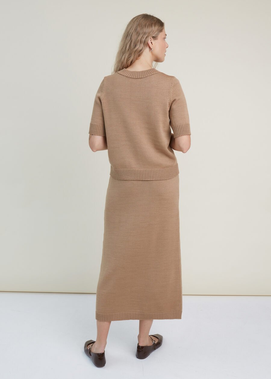 Timeless merino wool knit skirt and blouse set