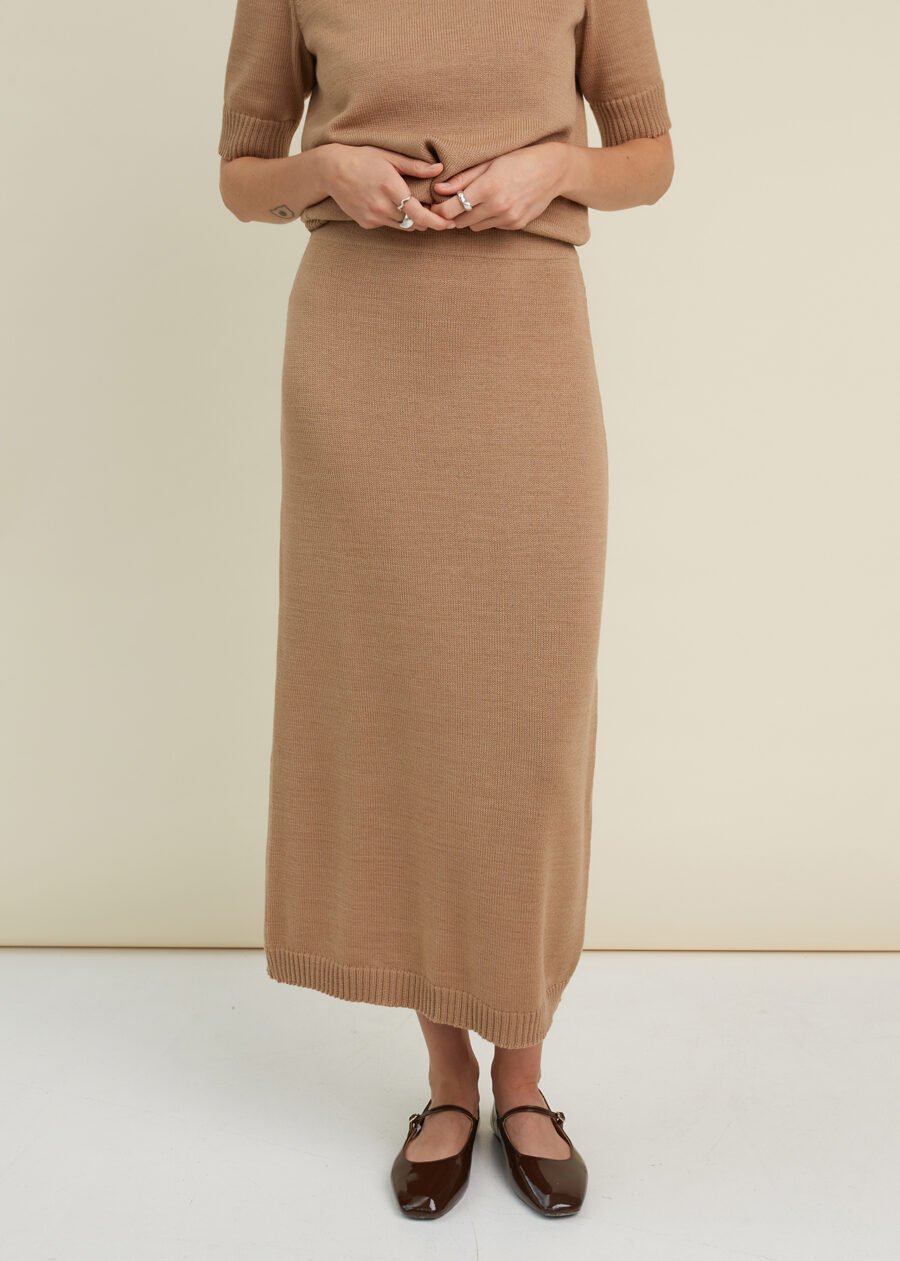 Minimalist merino wool knit midi skirt