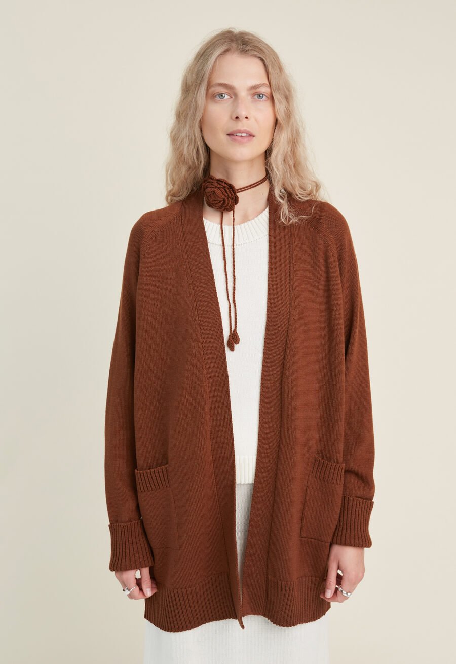 Knitted Merino Wool Cardigan with Pockets in Chocolate