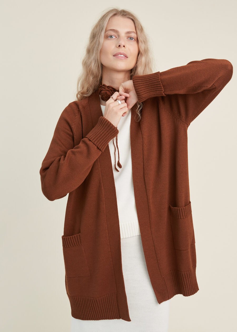 Knitted Merino Wool Cardigan with Pockets in Chocolate