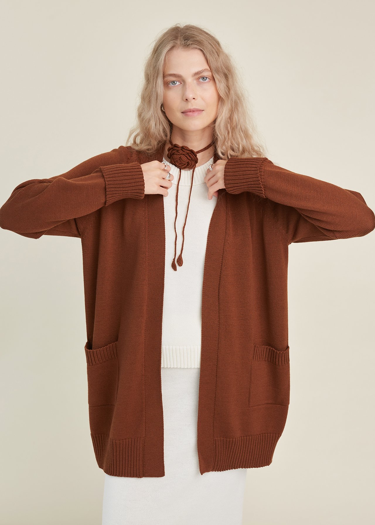 Knitted Merino Wool Cardigan with Pockets in Chocolate - Monala Shop