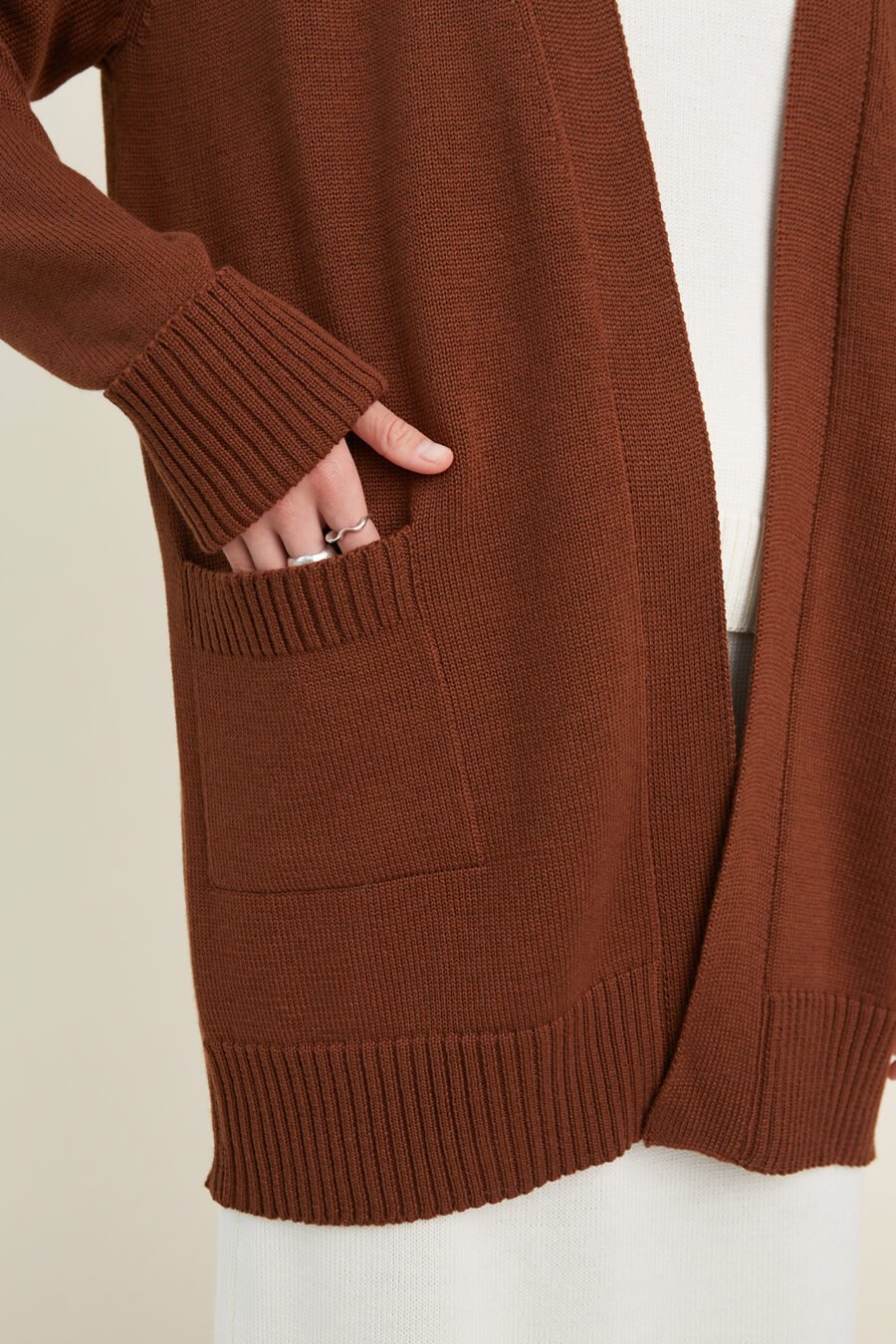 Knitted Merino Wool Cardigan with Pockets in Chocolate