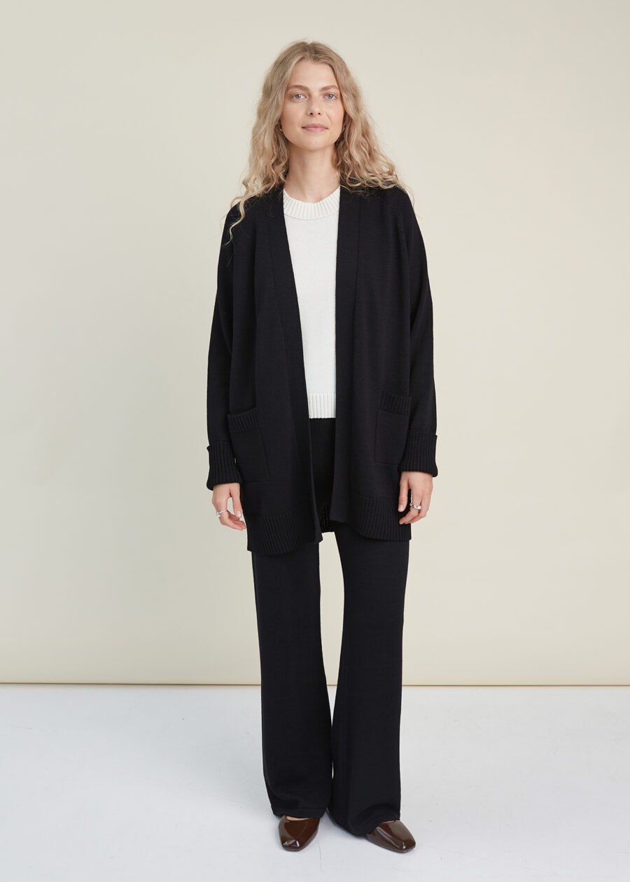 Oversized black merino wool cardigan, open front