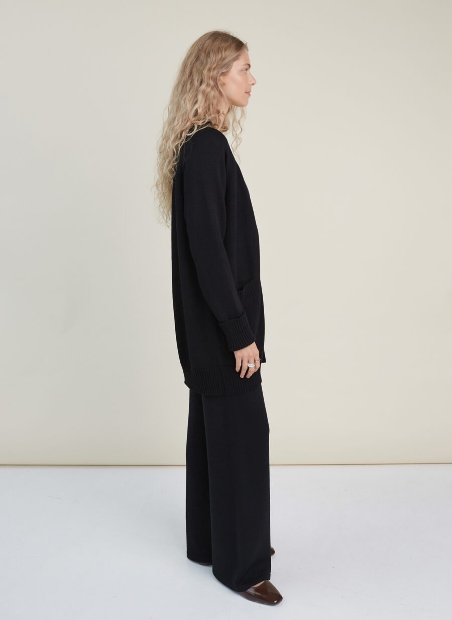 Longline black knitted merino wool cardigan