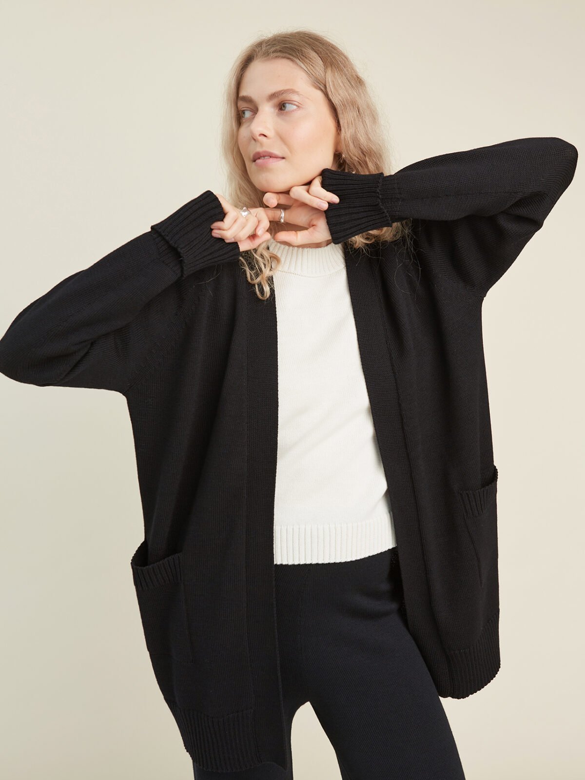 Black knitted oversized merino wool cardigan
