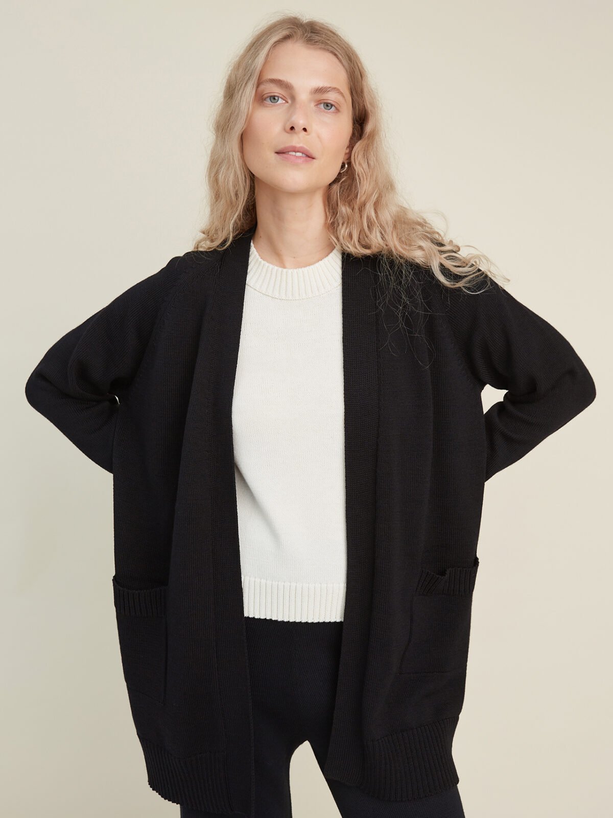 Classic black knitted merino wool cardigan