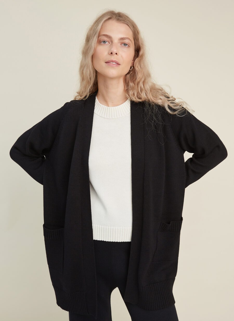 Classic black knitted merino wool cardigan