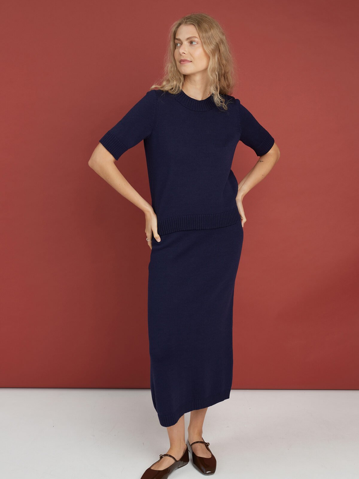 Knitted merino wool top and midi skirt set