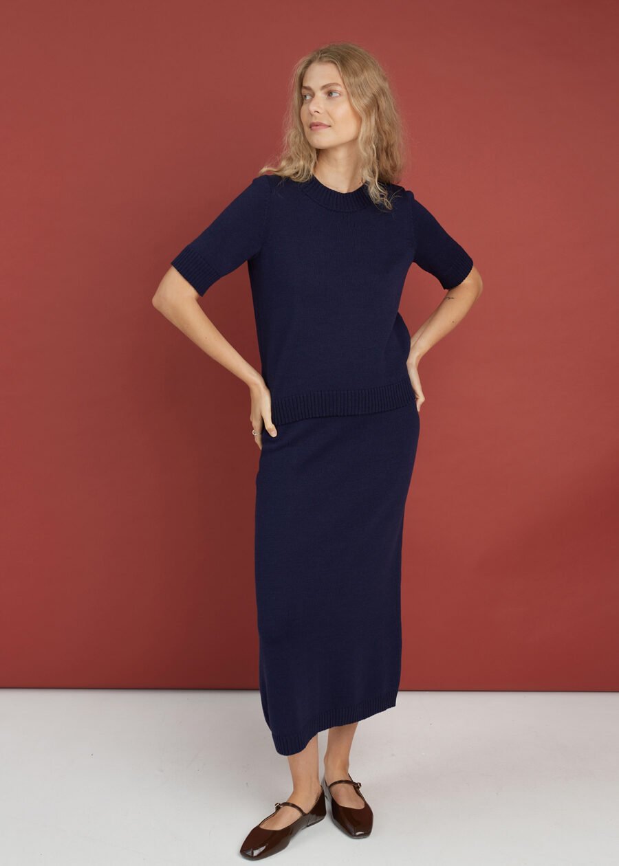 Knitted merino wool top and midi skirt set
