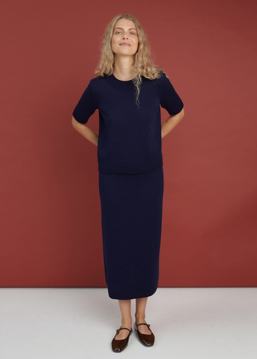 Minimalist merino wool knitted outfit with skirt