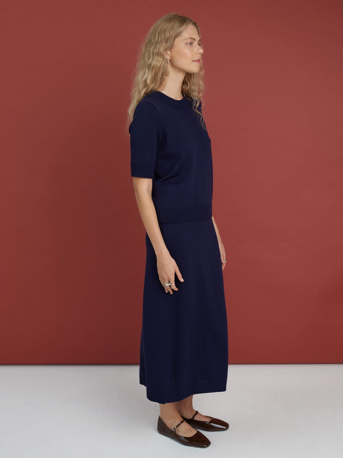 Elegant knitted merino wool skirt and top set