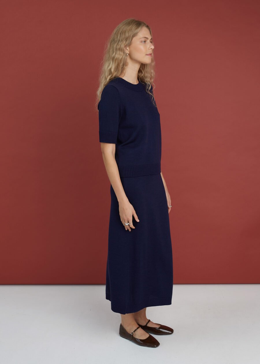 Elegant knitted merino wool skirt and top set